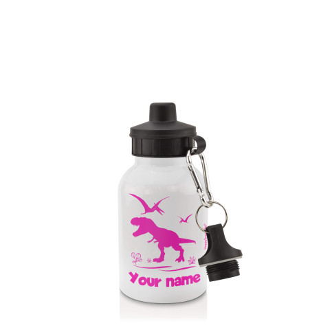 in White (400ml) with Screw Cap with Dinosaur Icon Hot Pink (Fuchsia) (Personalised with Text)