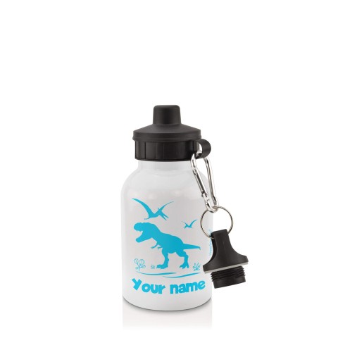 in White (400ml) with Screw Cap with Dinosaur Icon Sky Blue (Personalised with Text)