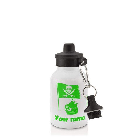 in White (400ml) with Screw Cap (Pirate Flag Icon) Bright Green (Personalised with Text)