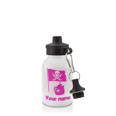 in White (400ml) with Screw Cap (Pirate Flag Icon) Hot Pink (Fuchsia) (Personalised with Text)