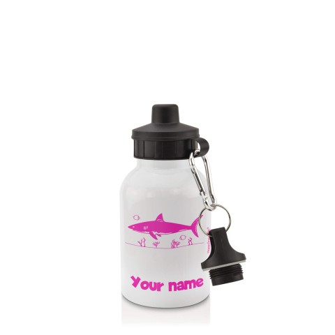 in White (400ml) with Screw Cap (Shark Icon) Hot Pink (Fuchsia) (Personalised with Text)