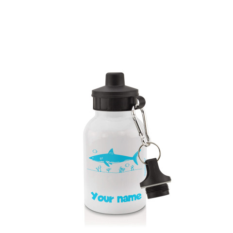 in White (400ml) with Screw Cap (Shark Icon) Sky Blue (Personalised with Text)