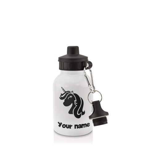 in White (400ml) with Screw Cap (Unicorn Icon) Black (Personalised with Text)