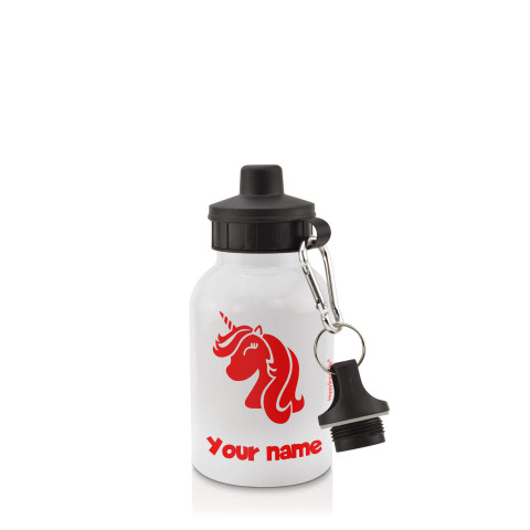 in White (400ml) with Screw Cap (Unicorn Icon) Red (Personalised with Text)