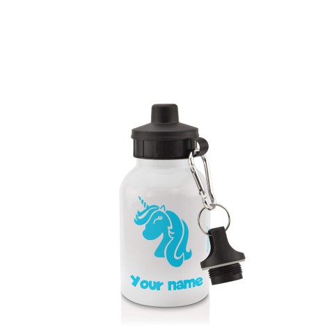 in White (400ml) with Screw Cap (Unicorn Icon) Sky Blue (Personalised with Text)