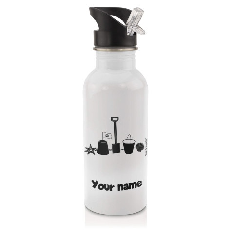 in White (600ml) with Drinking Straw (Bucket & Spade Icon) Black (Personalised with Text)