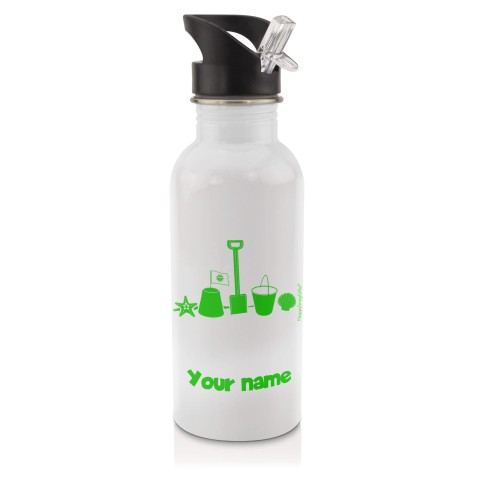 in White (600ml) with Drinking Straw (Bucket & Spade Icon) Bright Green (Personalised with Text)
