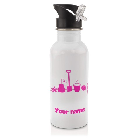 in White (600ml) with Drinking Straw (Bucket & Spade Icon) Hot Pink (Fuchsia) (Personalised with Text)