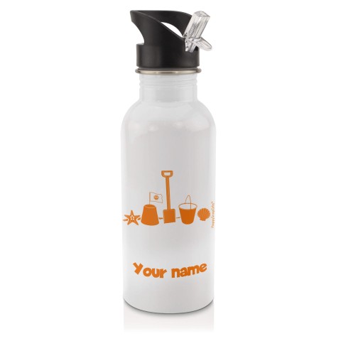 in White (600ml) with Drinking Straw (Bucket & Spade Icon) Burnt Orange (Personalised with Text)