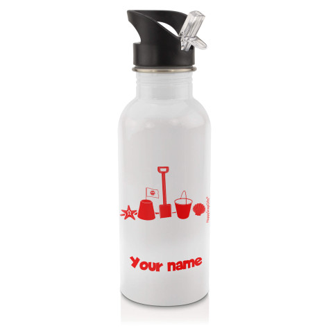 in White (600ml) with Drinking Straw (Bucket & Spade Icon) Red (Personalised with Text)