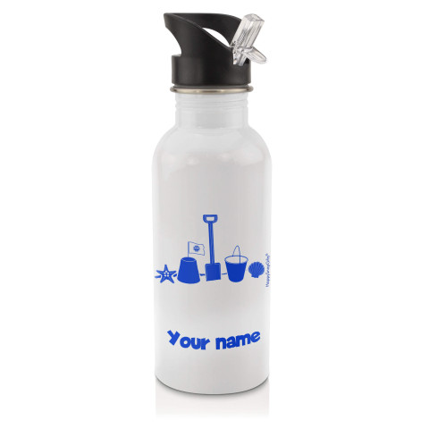 in White (600ml) with Drinking Straw (Bucket & Spade Icon) Royal Blue (Personalised with Text)