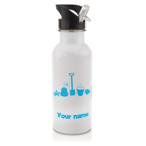 in White (600ml) with Drinking Straw (Bucket & Spade Icon) Sky Blue (Personalised with Text)