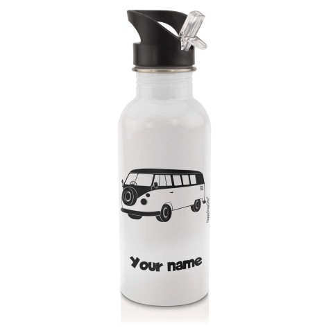 in White (600ml) with Drinking Straw (Camper Van Icon) Black (Personalised with Text)