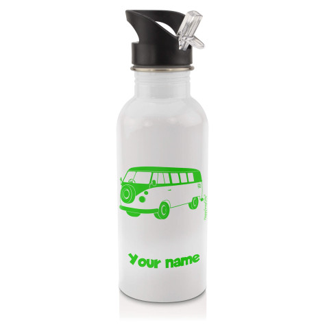in White (600ml) with Drinking Straw (Camper Van Icon) Bright Green (Personalised with Text)