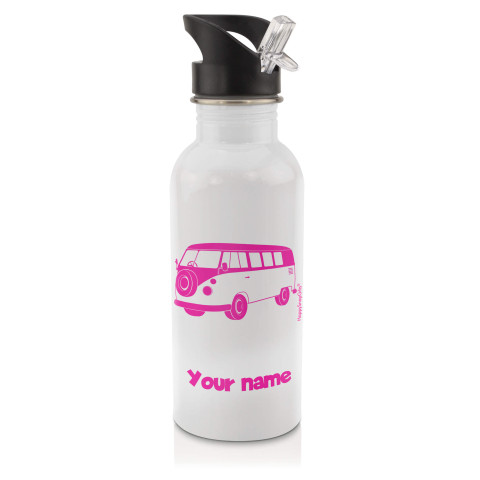 in White (600ml) with Drinking Straw (Camper Van Icon) Hot Pink (Fuchsia) (Personalised with Text)