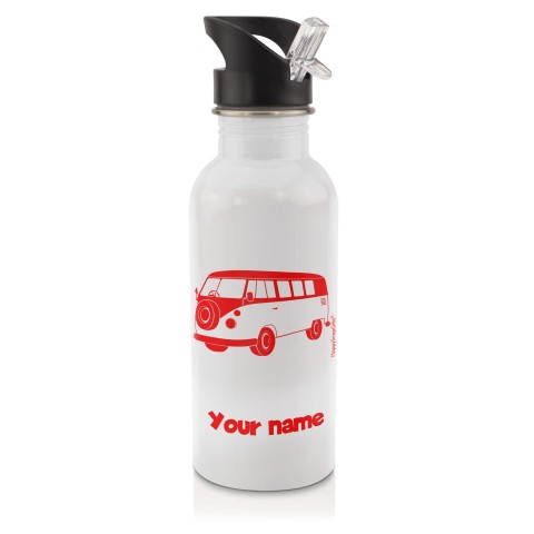 in White (600ml) with Drinking Straw (Camper Van Icon) Red (Personalised with Text)