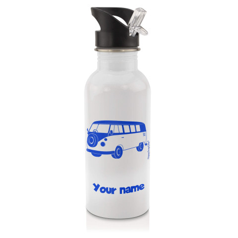 in White (600ml) with Drinking Straw (Camper Van Icon) Royal Blue (Personalised with Text)