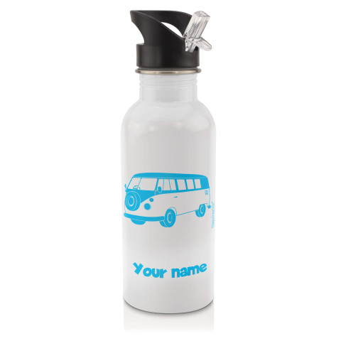 in White (600ml) with Drinking Straw (Camper Van Icon) Sky Blue (Personalised with Text)