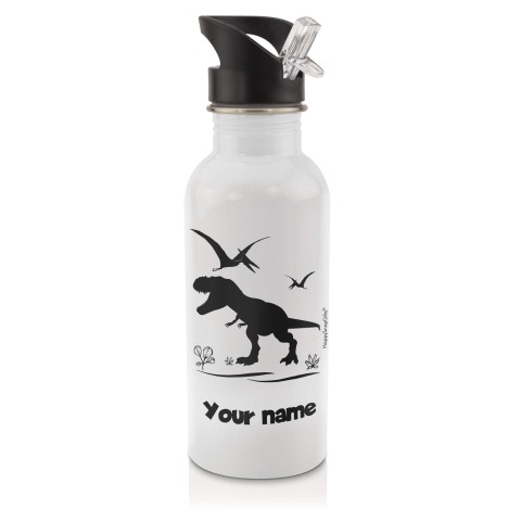 in White (600ml) with Drinking Straw with Dinosaur Icon Black (Personalised with Text)