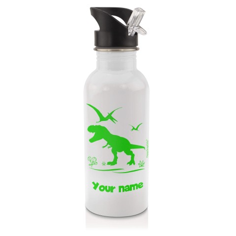 in White (600ml) with Drinking Straw with Dinosaur Icon Bright Green (Personalised with Text)