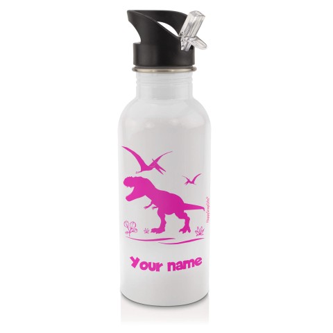 in White (600ml) with Drinking Straw with Dinosaur Icon Hot Pink (Fuchsia) (Personalised with Text)