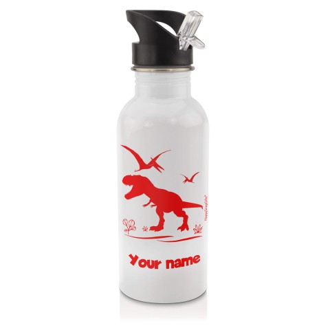 in White (600ml) with Drinking Straw with Dinosaur Icon Red (Personalised with Text)