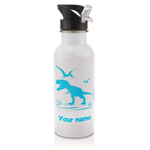 in White (600ml) with Drinking Straw with Dinosaur Icon Sky Blue (Personalised with Text)