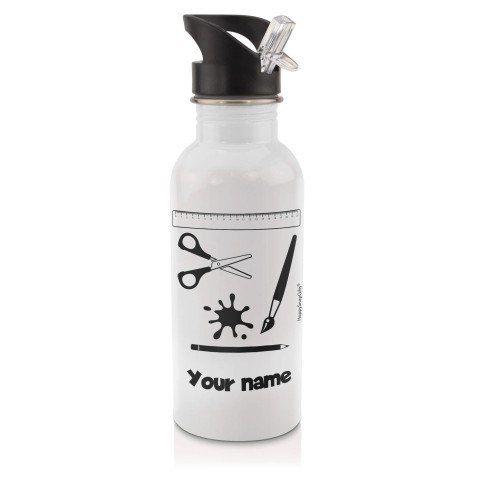 in White (600ml) with Drinking Straw with Paint & Craft Icon Black (Personalised with Text)