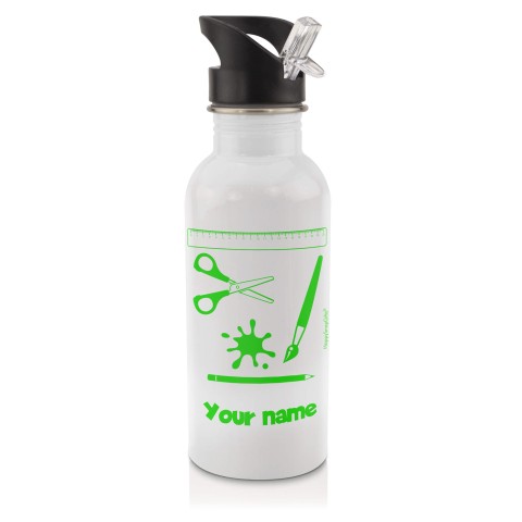 in White (600ml) with Drinking Straw with Paint & Craft Icon Bright Green (Personalised with Text)