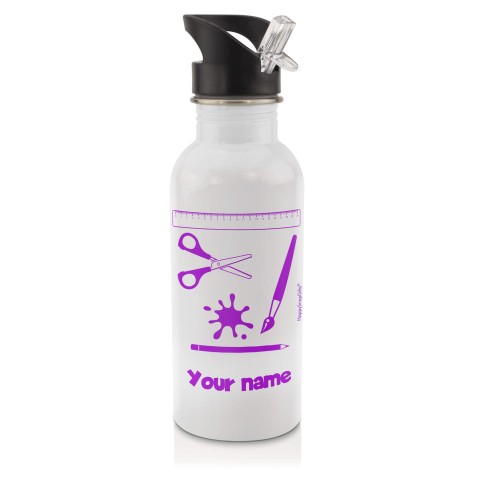 in White (600ml) with Drinking Straw with Paint & Craft Icon Purple (Personalised with Text)