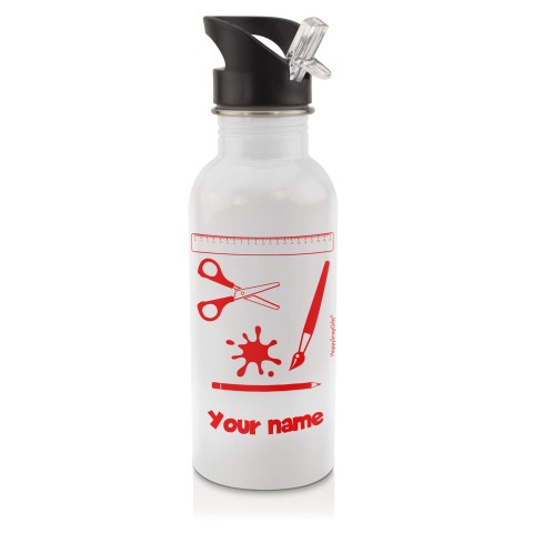 in White (600ml) with Drinking Straw with Paint & Craft Icon Red (Personalised with Text)