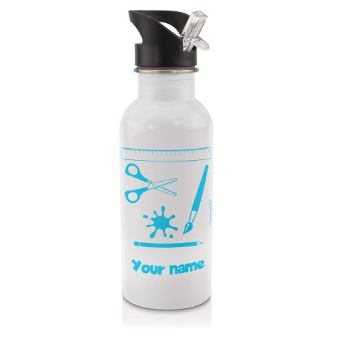 in White (600ml) with Drinking Straw with Paint & Craft Icon Sky Blue (Personalised with Text)