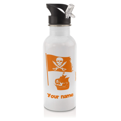 in White (600ml) with Drinking Straw (Pirate Flag Icon) Burnt Orange (Personalised with Text)