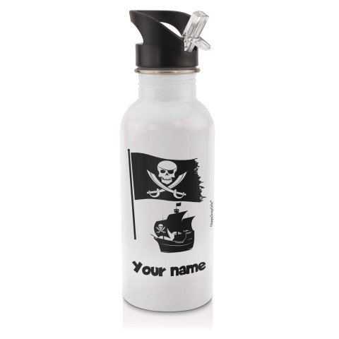in White (600ml) with Drinking Straw (Pirate Flag Icon) Black (Personalised with Text)