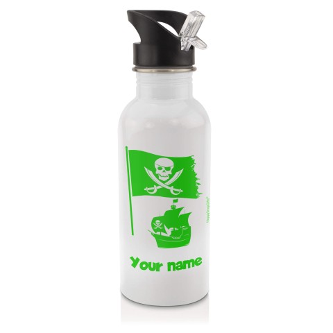 in White (600ml) with Drinking Straw (Pirate Flag Icon) Bright Green (Personalised with Text)