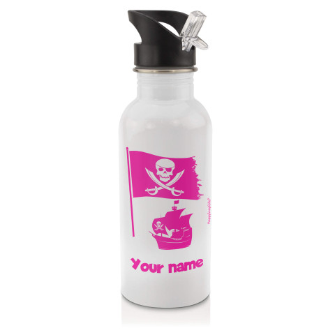 in White (600ml) with Drinking Straw (Pirate Flag Icon) Hot Pink (Fuchsia) (Personalised with Text)