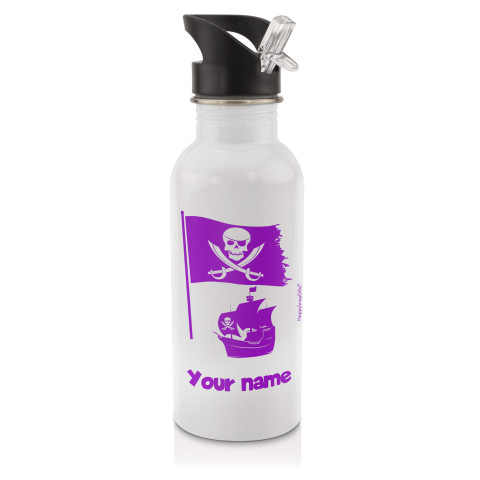in White (600ml) with Drinking Straw (Pirate Flag Icon) Purple (Personalised with Text)