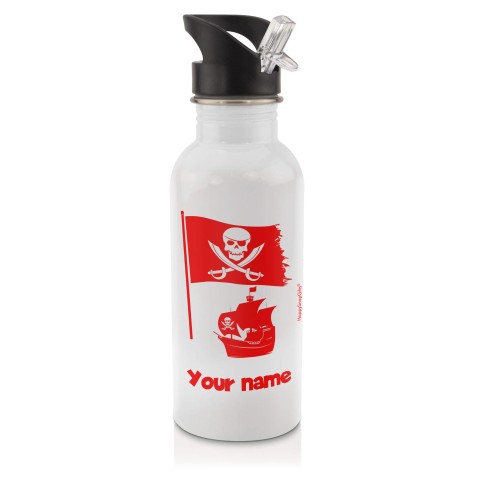 in White (600ml) with Drinking Straw (Pirate Flag Icon) Red (Personalised with Text)