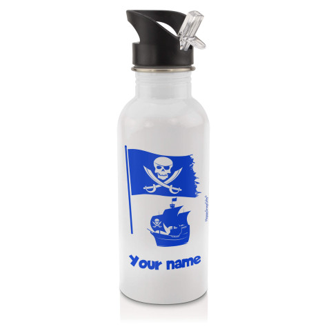 in White (600ml) with Drinking Straw (Pirate Flag Icon) Royal Blue (Personalised with Text)
