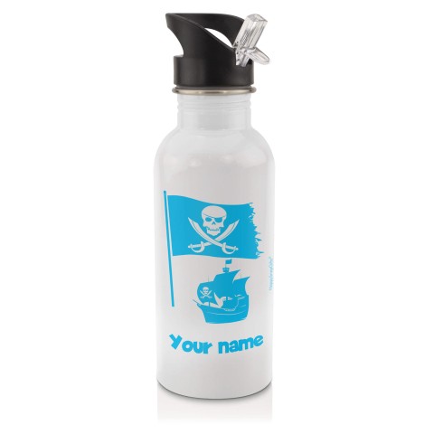in White (600ml) with Drinking Straw (Pirate Flag Icon) Sky Blue (Personalised with Text)