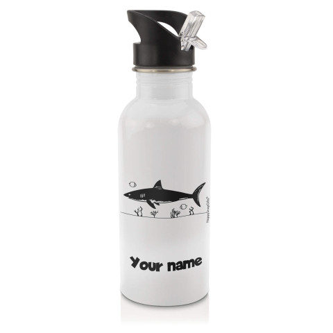 in White (600ml) with Drinking Straw (Shark Icon) Black (Personalised with Text)