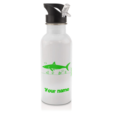 in White (600ml) with Drinking Straw (Shark Icon) Bright Green (Personalised with Text)