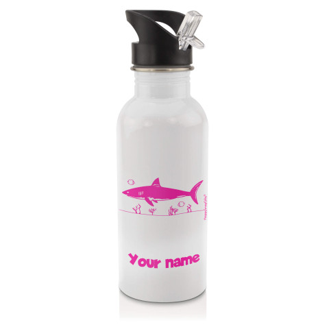 in White (600ml) with Drinking Straw (Shark Icon) Hot Pink (Fuchsia) (Personalised with Text)