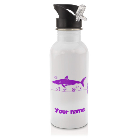 in White (600ml) with Drinking Straw (Shark Icon) Purple (Personalised with Text)