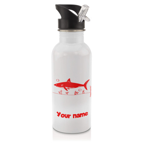 in White (600ml) with Drinking Straw (Shark Icon) Red (Personalised with Text)