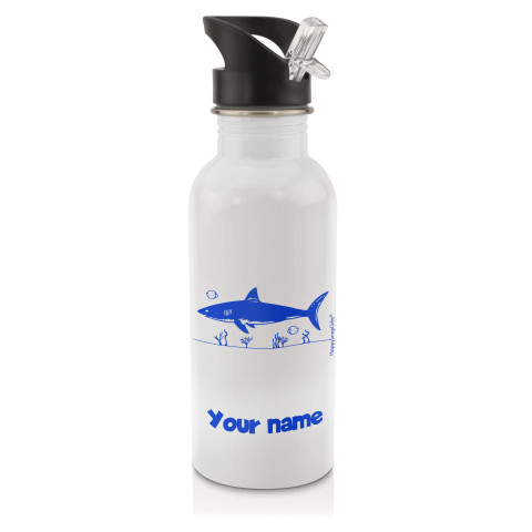 in White (600ml) with Drinking Straw (Shark Icon) Royal Blue (Personalised with Text)