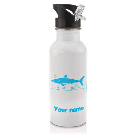 in White (600ml) with Drinking Straw (Shark Icon) Sky Blue (Personalised with Text)
