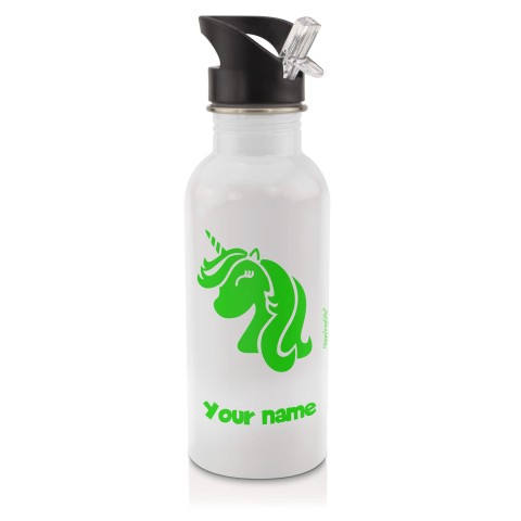 in White (600ml) with Drinking Straw (Unicorn Icon) Bright Green (Personalised with Text)