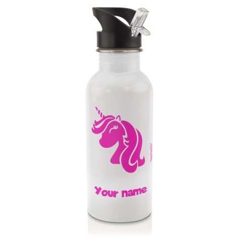 in White (600ml) with Drinking Straw (Unicorn Icon) Hot Pink (Fuchsia) (Personalised with Text)