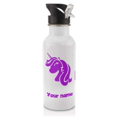 in White (600ml) with Drinking Straw (Unicorn Icon) Purple (Personalised with Text)